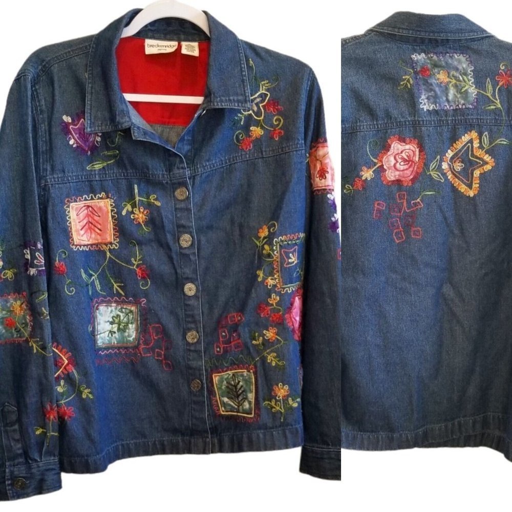 Vintage 90s Blue Lightweight Denim Shirt Jacket Floral Embroidered Petite Large